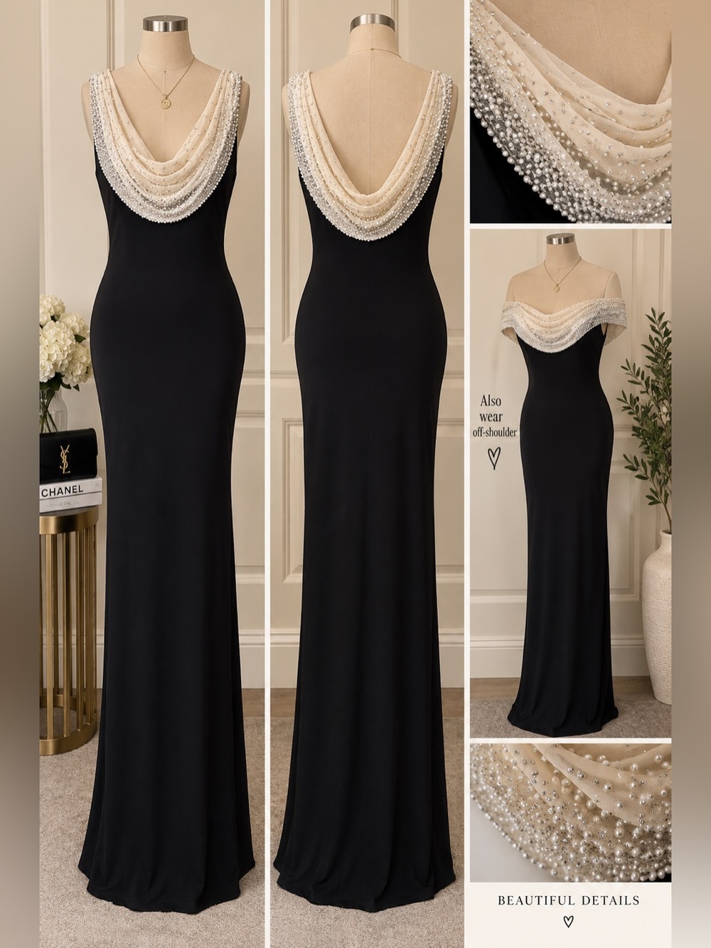 Cachet Black Maxi Dress with Cream Beaded Draped Neckline
